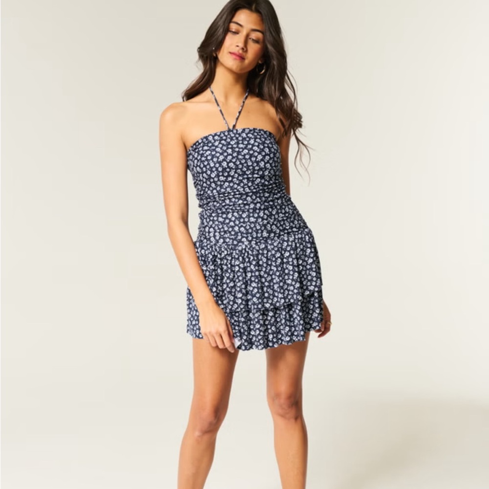 Hollister Blue Floral Mini Dress Strapless Knit Skort Dress